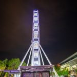 Nighttime long exposure of the Wheel of Brisbane lit up against a dark sky with glowing lights and surrounding trees