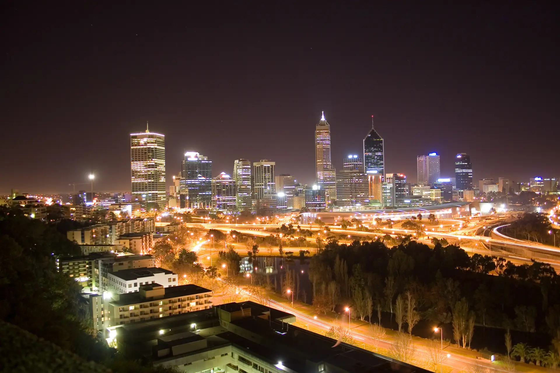 Night view of Perth city skyline in Western Australia, captured by professional landscape and cityscape photographer Damien Keffyn